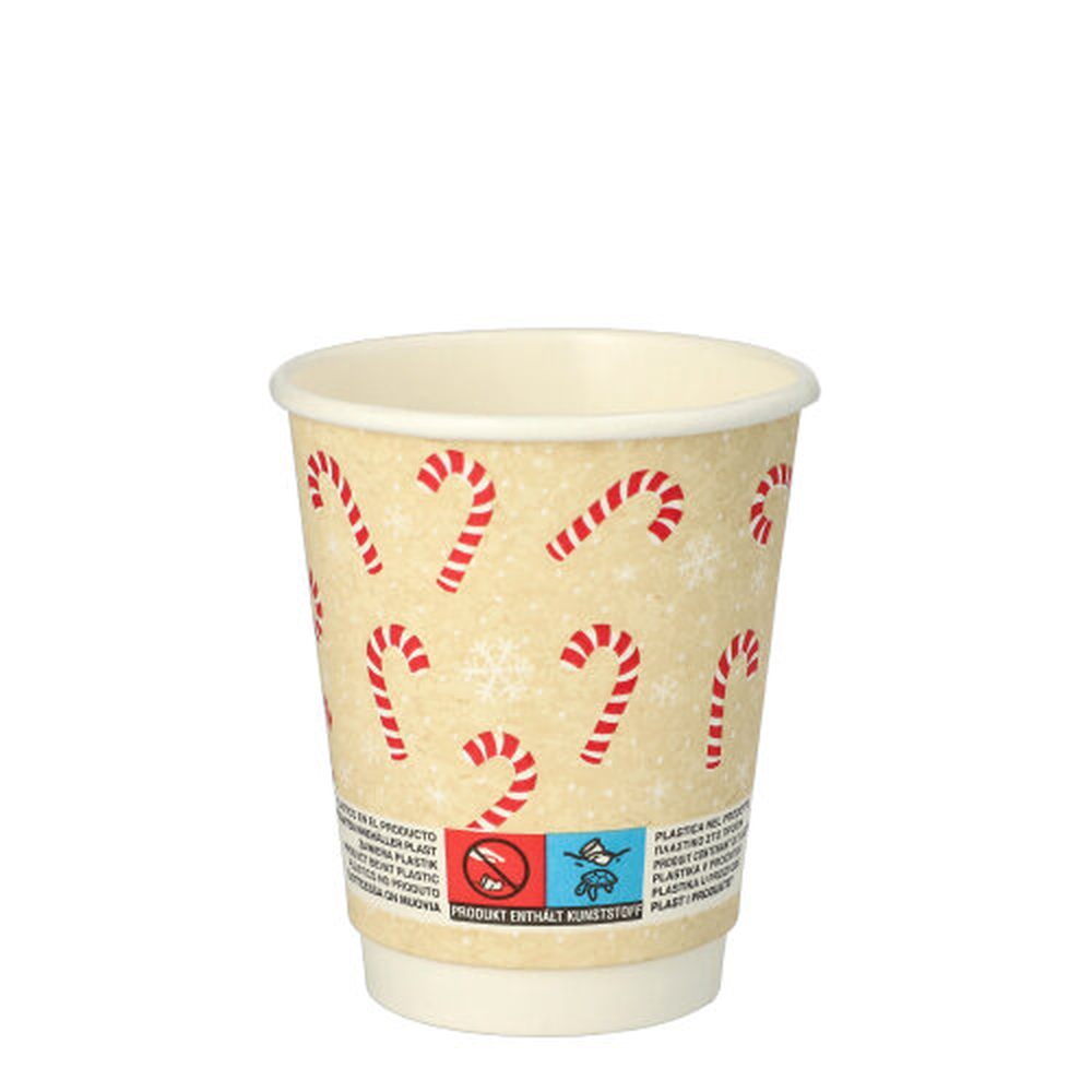 Papstar Trinkbecher, Pappe 0,2 l Ø 8 cm · 9,3 cm "Candy Canes " doppelwandig
