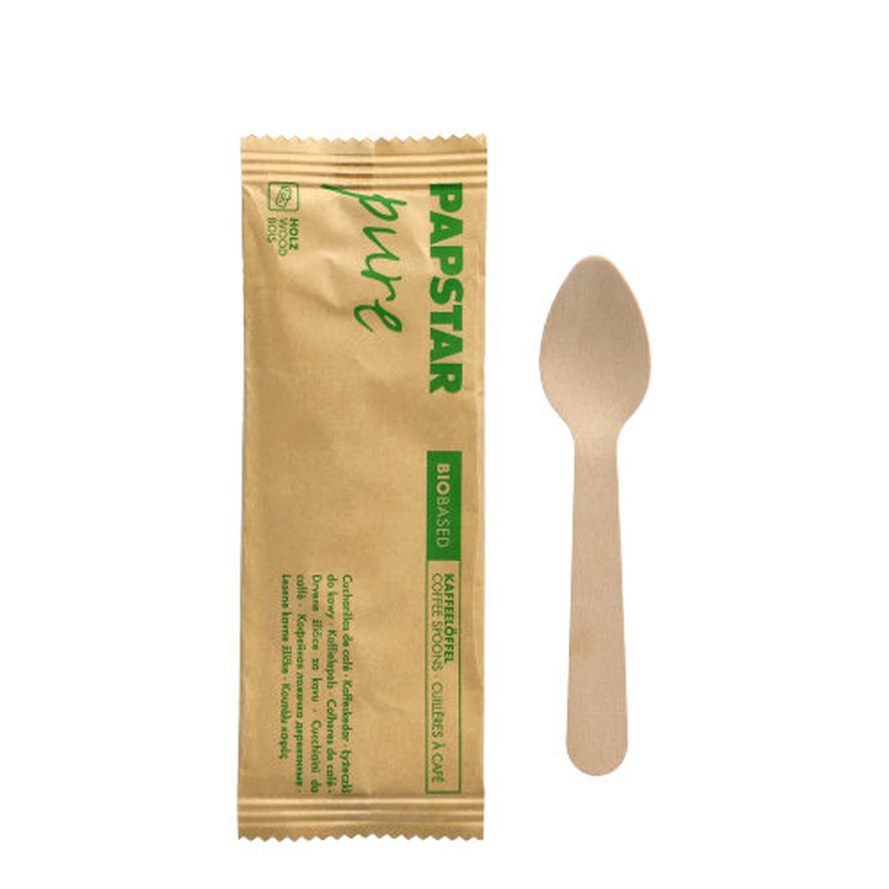 Papstar Kaffeelöffel, Holz "pure" 11 cm einzeln verpackt in Papierbeutel