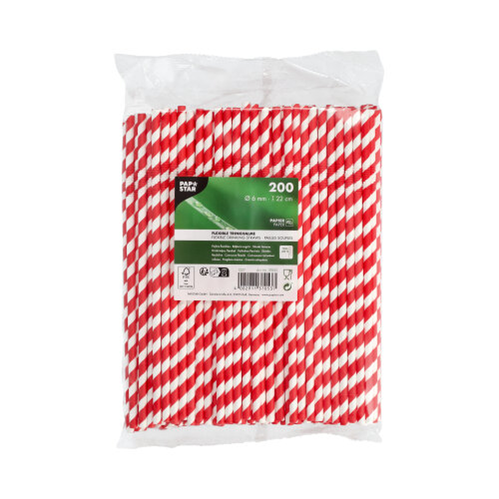 Papstar Trinkhalme Papier Ø 6 mm · 22 cm rot/weiss "Stripes" flexibel