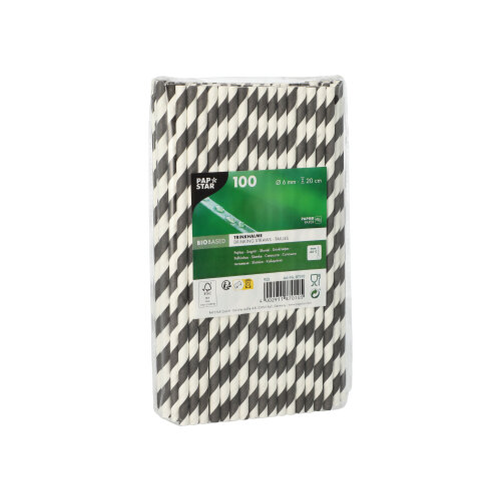 Papstar Trinkhalme, Papier Ø 6 mm · 20 cm schwarz/weiss "Stripes"