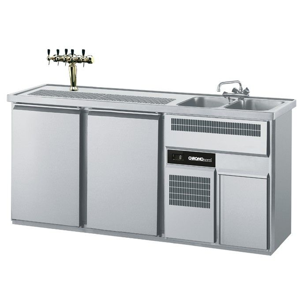 Chromonorm Getränketheke, GN 1/1, 2 Becken rechts, 2 Türen - 1950x700x980mm