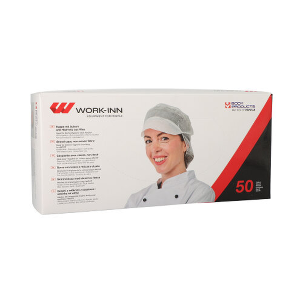 Papstar "WORK-INN/PS" Kappen mit Schirm und Haarnetz, Vlies Ø 30 cm weiss