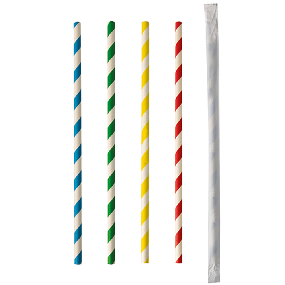 PAPSTAR Trinkhalme, Papier Ø 6 mm · 20 cm farbig sortiert Stripes einzeln 