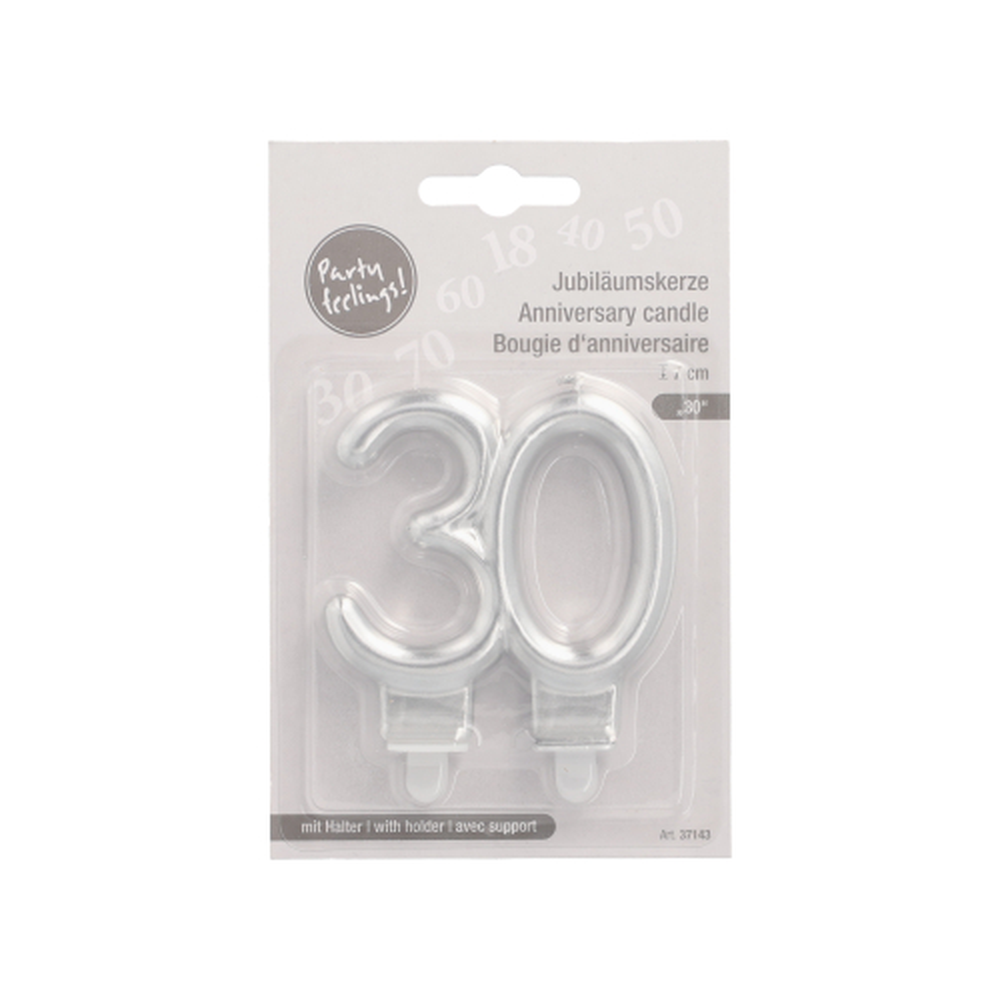 Papstar Jubiläumskerzen mit Halter 7 cm silber "30"