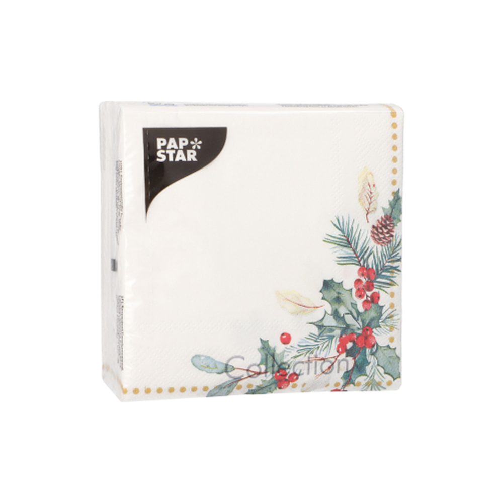 Papstar Servietten, 3-lagig 1/4-Falz 25 cm x 25 cm "Mistletoe and Pinecone"