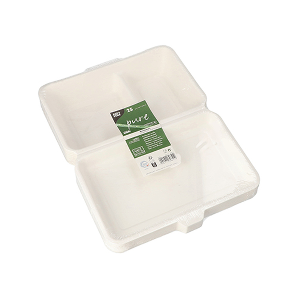 Papstar Menüboxen, Zuckerrohr "pure" 2-geteilt 6,5 cm x 24 cm x 15,5 cm weiss