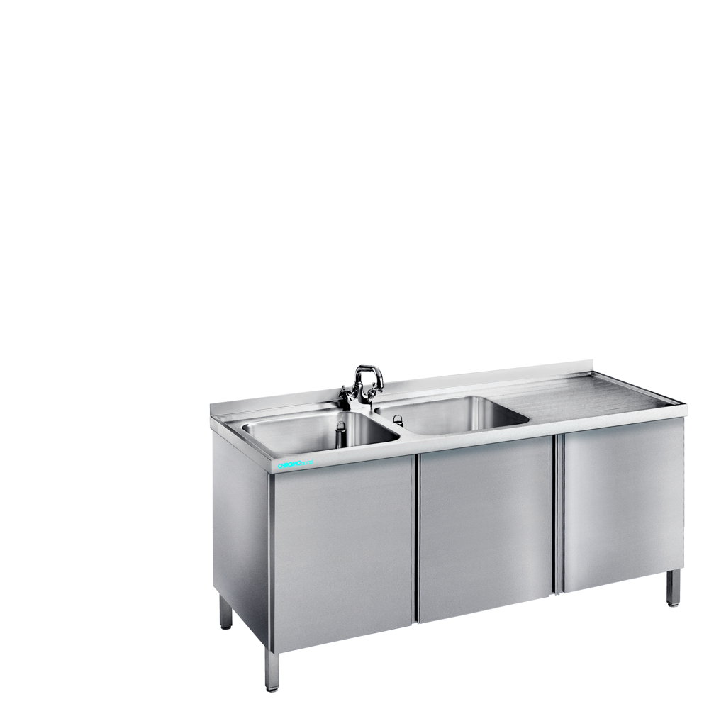 Chromonorm Spültisch mit 2 Becken links und Flügeltüren - 1600x700x850/900 mm