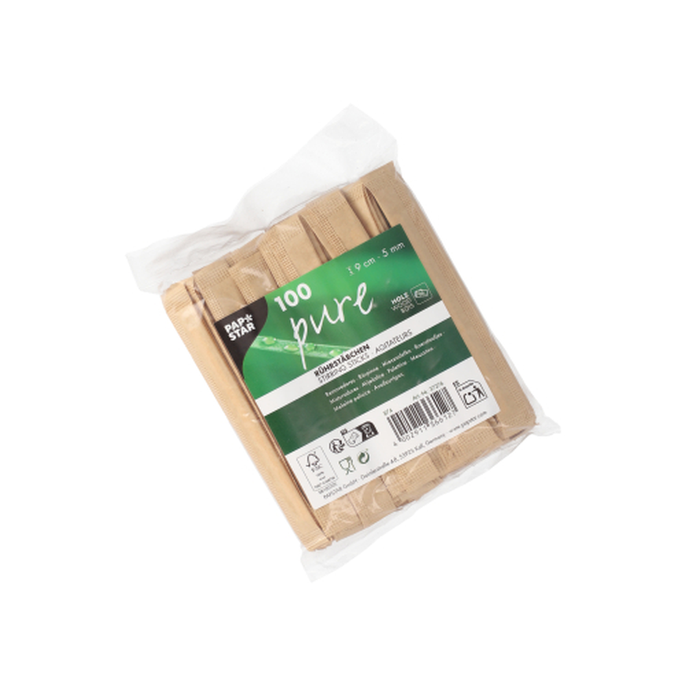 Papstar Rührstäbchen Holz "pure" 9 cm x 5 mm einzeln gehüllt