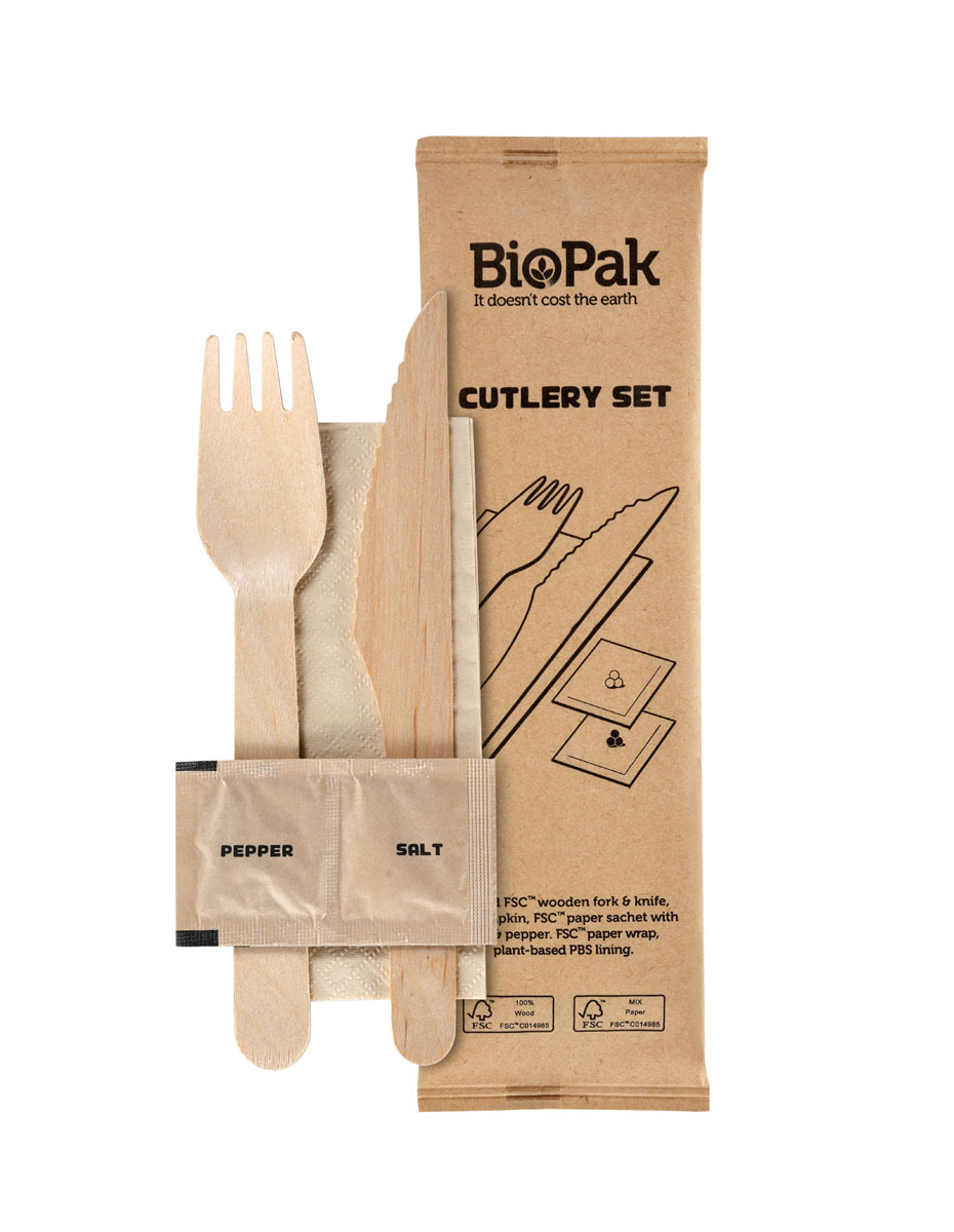Duni 5/1 Besteck Set, Holz, Gabel& Messer, Serviette, Salz, Pfeffer 160/165 mm