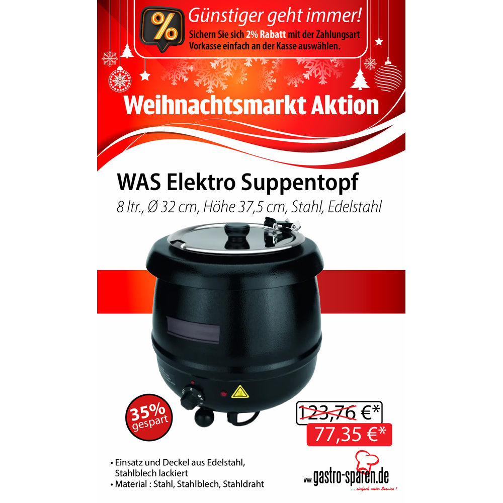 WAS Elektro Suppentopf, 8 ltr., Ø 32 cm, Höhe 37,5 cm, Stahl, Edelstahl
