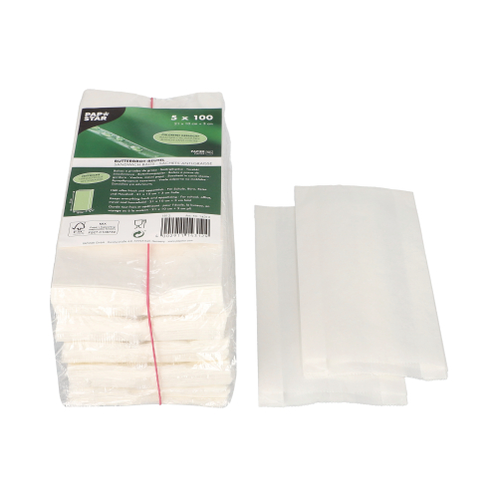 Papstar Butterbrotbeutel 21 cm x 10 cm x 3 cm weiss , fettdicht