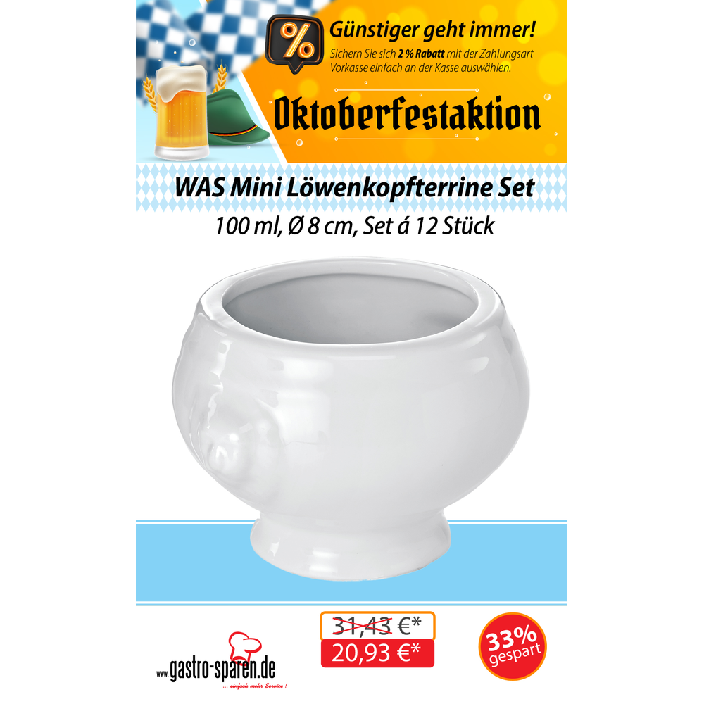 WAS Mini Löwenkopfterrine Set, 100 ml, Ø 8 cm, Set á 12 Stück, Porzellan