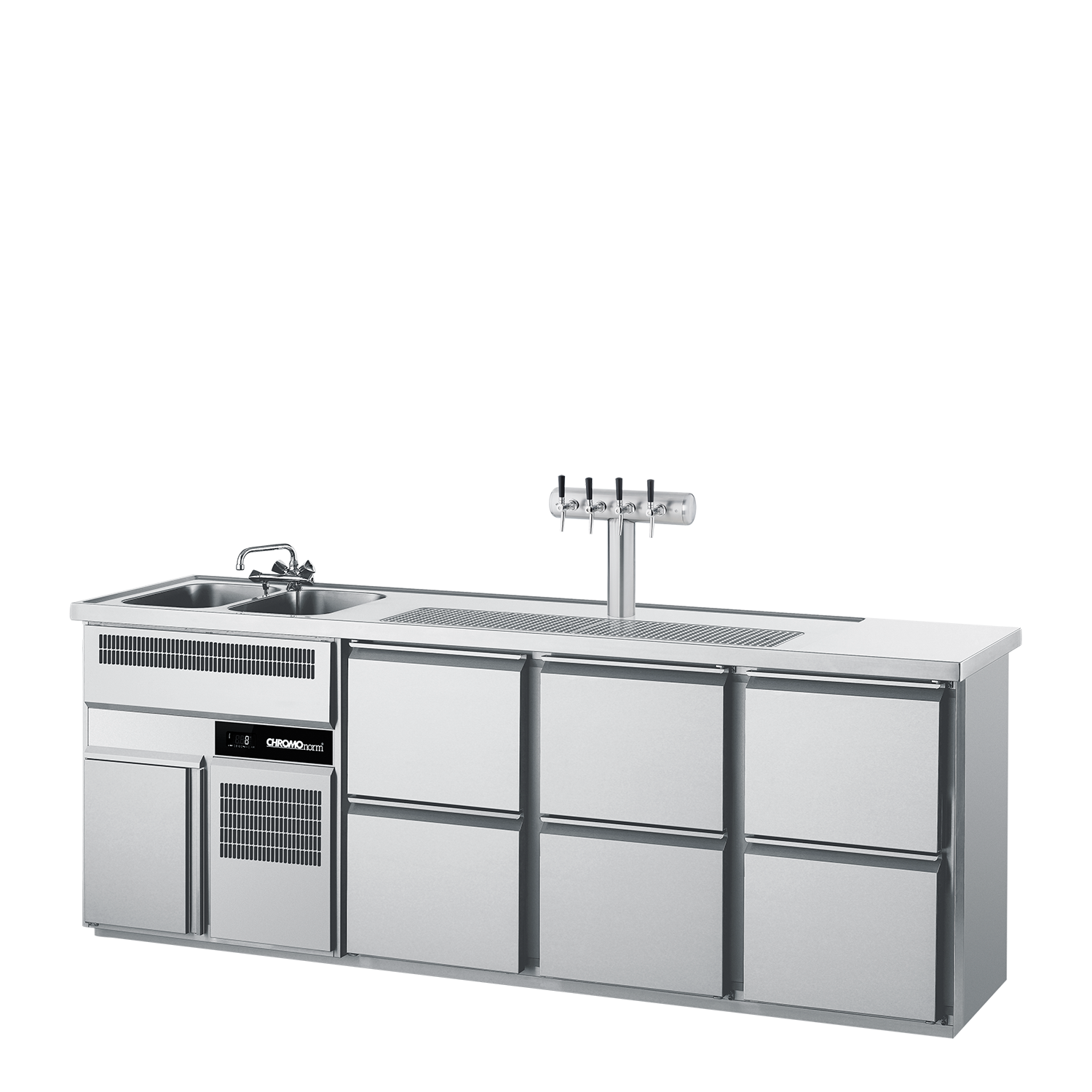 Chromonorm Getränketheke GN 1/1, 2 Becken links, 6 TürZüge 1/2 - 2500x700x980 mm