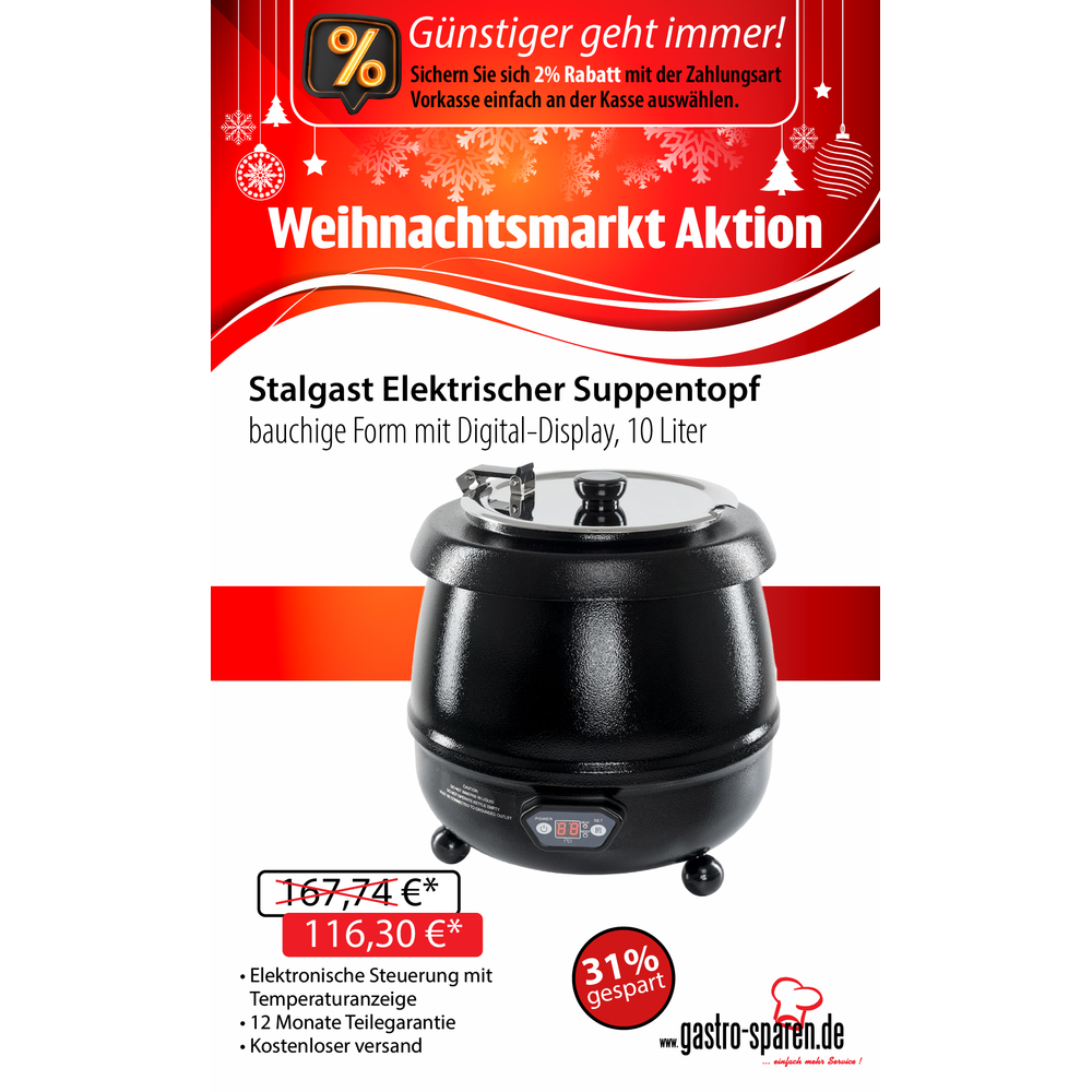 Stalgast Elektrischer Suppentopf, bauchige Form mit Digital-Display, 10 Liter