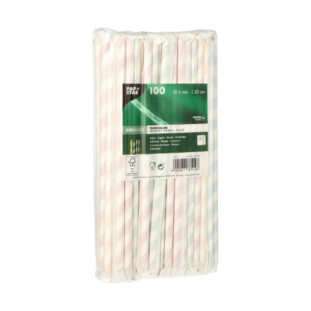 PAPSTAR Trinkhalme, Papier Ø 6 mm · 20 cm farbig sortiert Stripes einzeln 