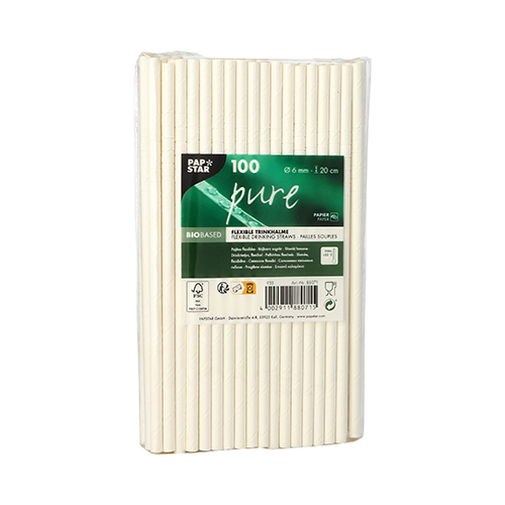 Papstar Trinkhalme Papier "pure" Ø 6 mm · 20 cm weiss flexibel