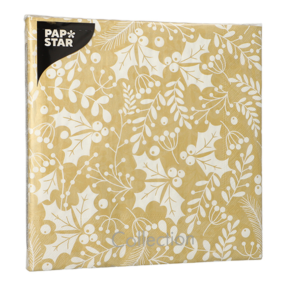 Papstar Servietten, 3-lagig 1/4-Falz 40 cm x 40 cm gold "Houx et Gui"