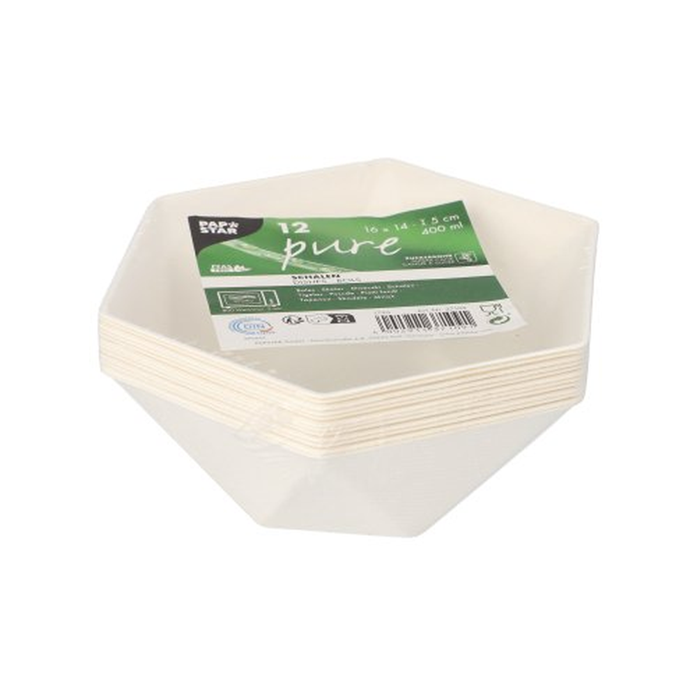 PAPSTAR Schalen Zuckerrohr pure 6-eckig 400 ml 5 cm x 16 cm x 14 cm weiss 