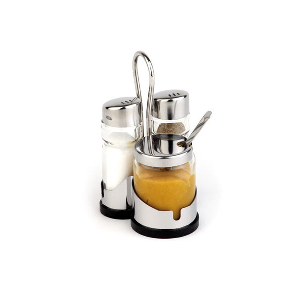 APS 3-tlg. Menage -ECONOMIC- 8 x 8 cm, H: 12 cm , Edelstahl, Glas, ABS