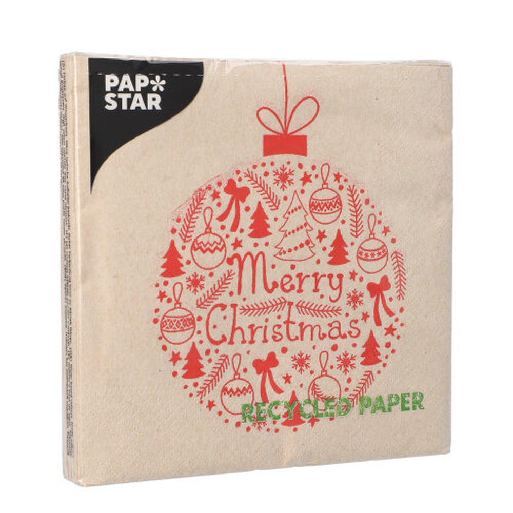 PAPSTAR Servietten, 3-lagig 1/4-Falz 33 cm x 33 cm natur Christmas Ball aus