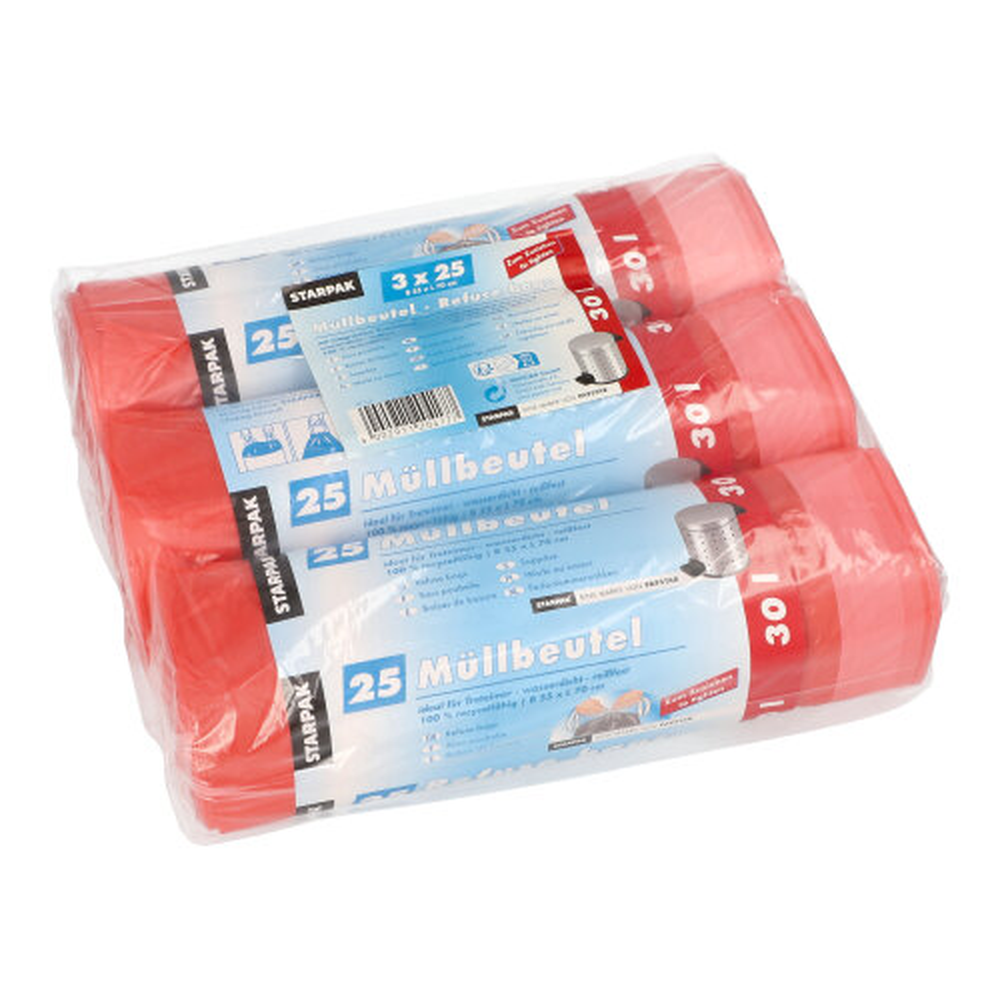Papstar Müllbeutel mit Zugband, HDPE 30 l 70 cm x 55 cm rot