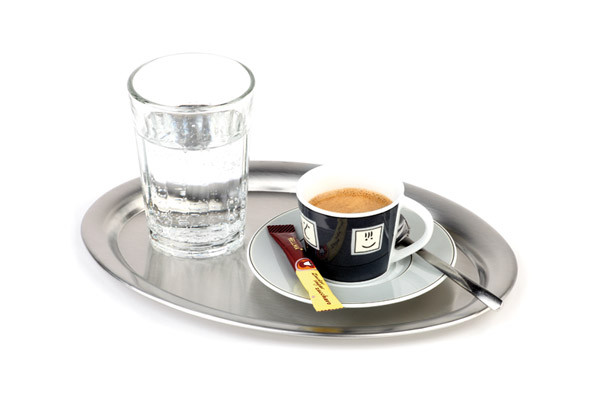 APS Serviertablett -KAFFEEHAUS- 26,5 x 19 cm, H: 1 cm, oval , Edelstahl, mattier