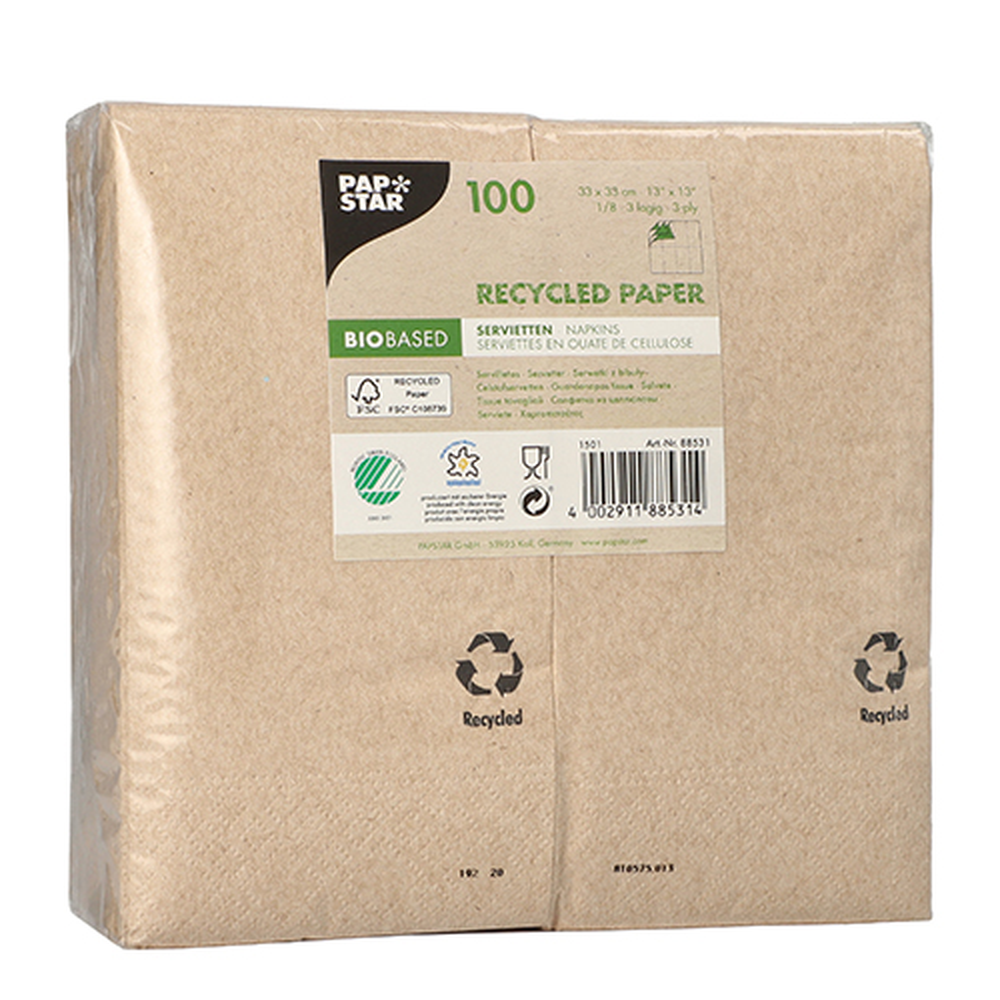 Papstar Servietten, 3-lagig 1/8-Falz 33 cm x 33 cm natur aus recyceltem Papier