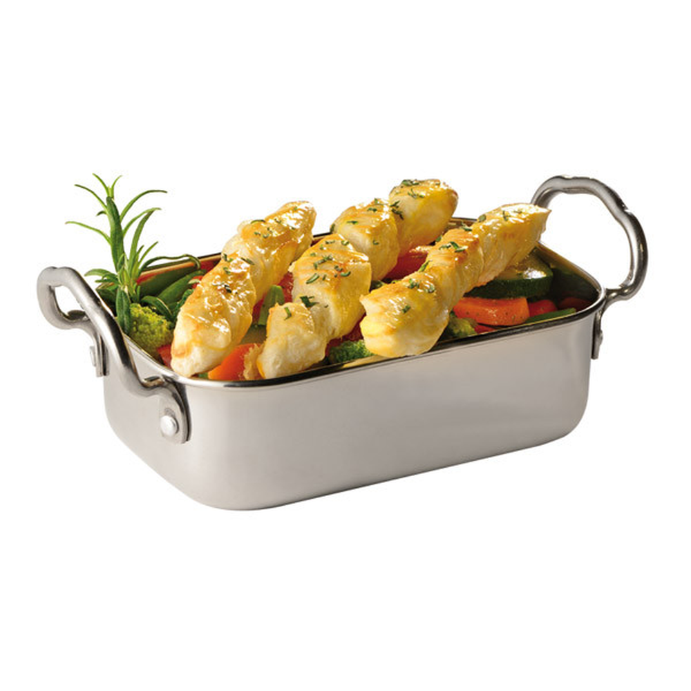 APS Mini-Servierpfanne 14,5 x 9,5 cm, H: 4,5 / 6,5 cm, Edelstahl, Griffe je 1,5 
