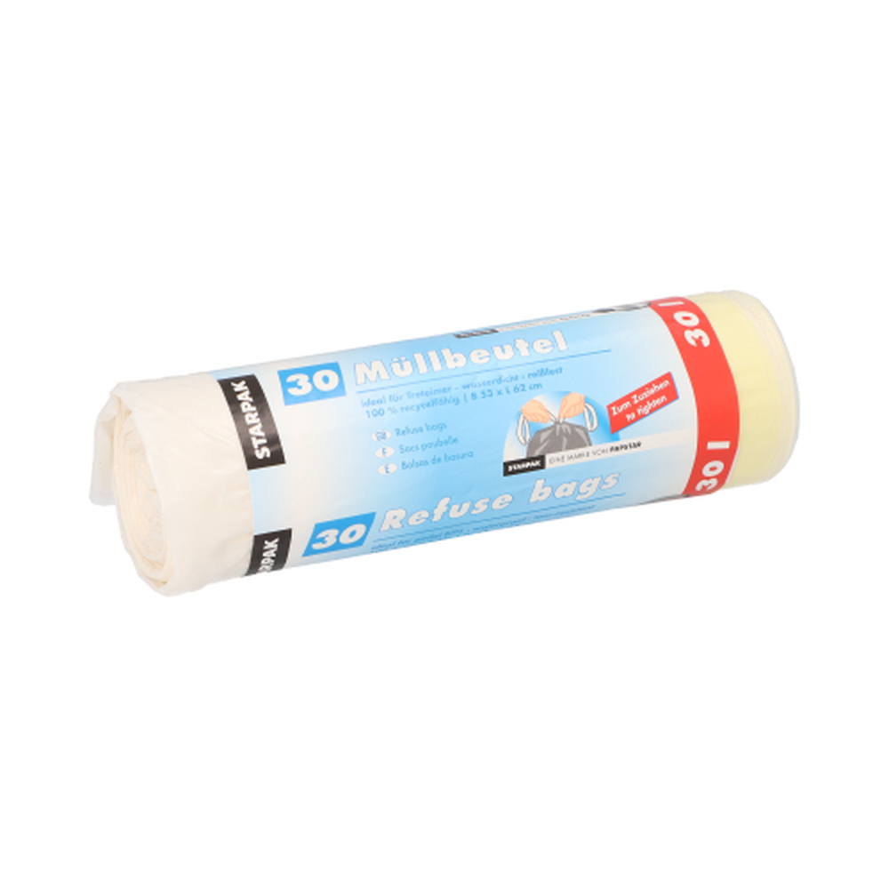 Papstar Müllbeutel mit Zugband, LDPE 30 l 62 cm x 53 cm weiss