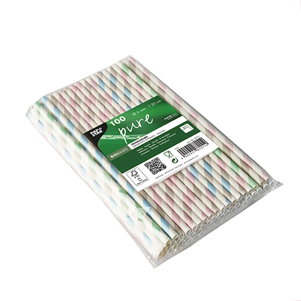 Papstar Trinkhalme, Papier Ø 6 mm · 20 cm farbig sortiert "Stripes"