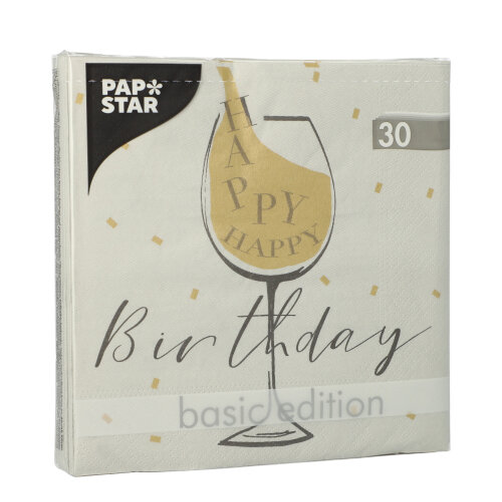 Papstar Servietten, 3-lagig 1/4-Falz 33 cm x 33 cm hellgrau "Happy Birthday"
