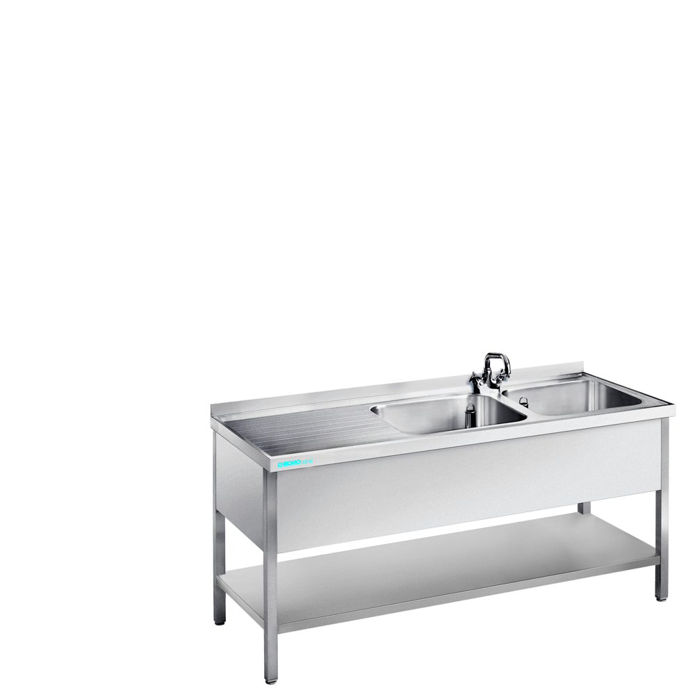 Chromonorm Spültisch mit 2 Becken rechts und Zwischenboden - 1600x700x850/900 mm