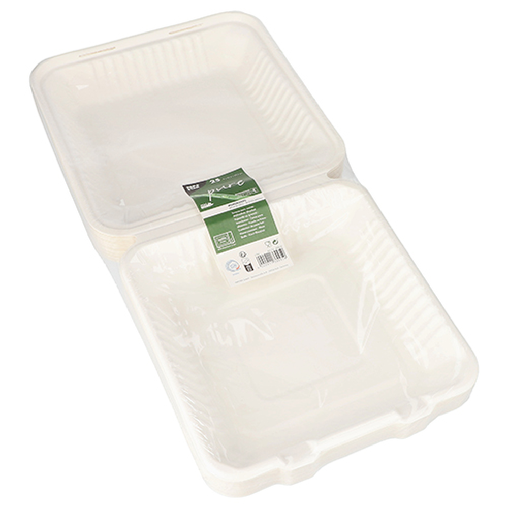 Papstar Menüboxen, Zuckerrohr "pure" ungeteilt 8 cm x 25,5 cm x 25,5 cm weiss