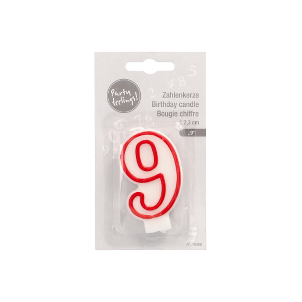 Papstar Zahlenkerze 7,3 cm weiss "9" mit rotem Rand