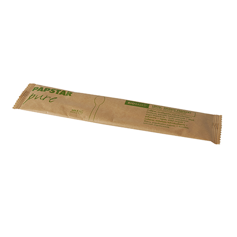 Papstar Löffel, Holz "pure" 16 cm einzeln verpackt in Papierbeutel