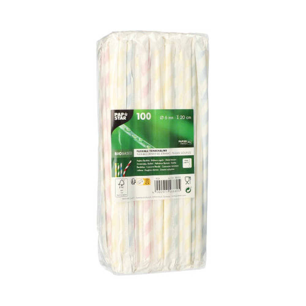PAPSTAR Trinkhalme, flexibel, Papier Ø 6 mm · 20 cm farbig sortiert Stripes