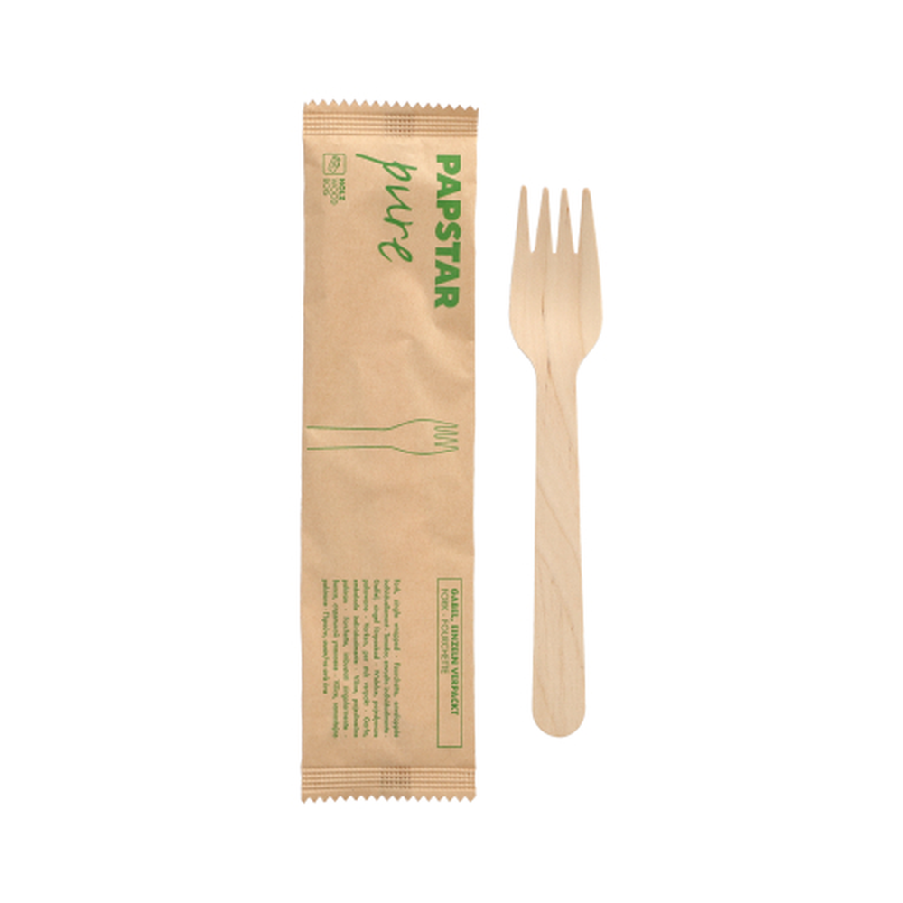 Papstar Gabeln, Holz "pure" 16 cm einzeln verpackt in Papierbeutel