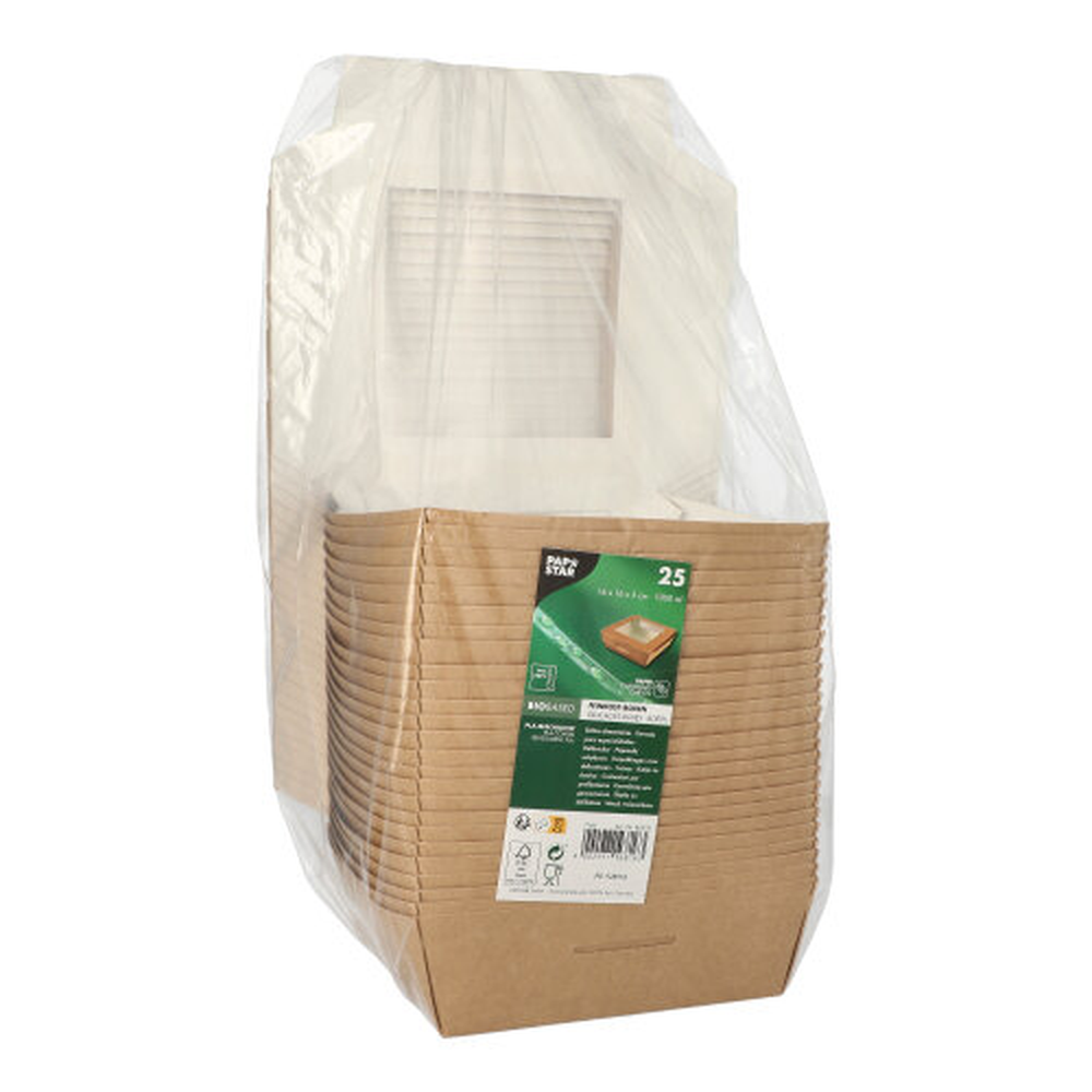 PAPSTAR Feinkostboxen, Pappe mit Sichtfenster aus PLA eckig 1000 ml 16 cm x 1
