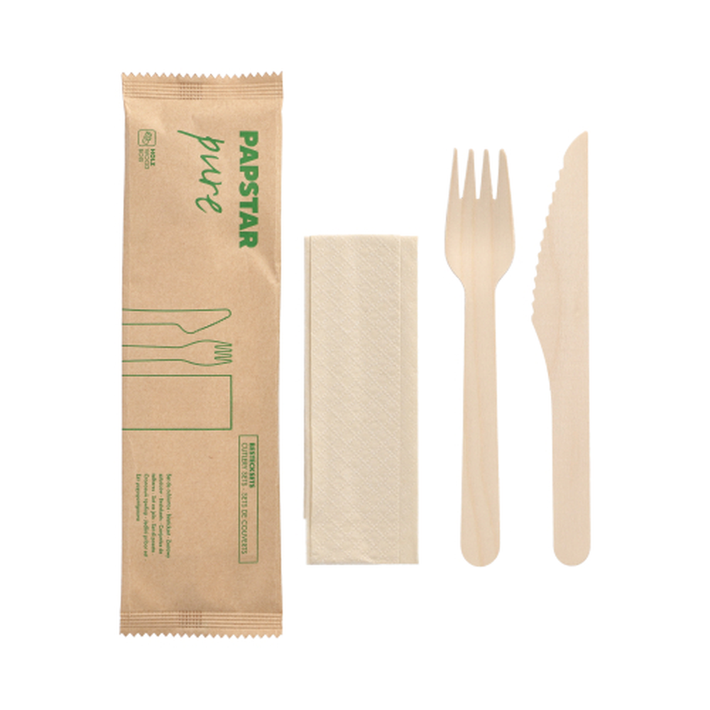 Papstar Besteckset, Holz "pure" : Messer, Gabel, Serviette in Papierbeutel