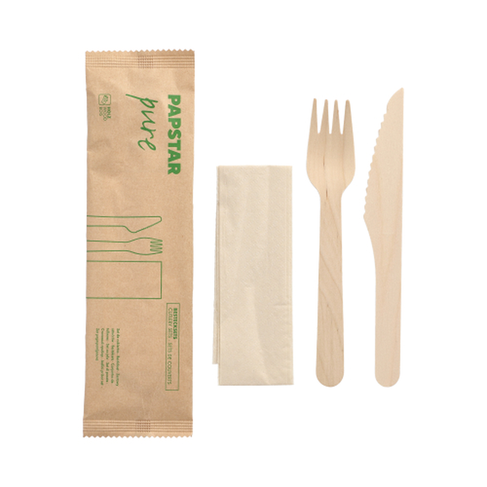 Papstar Besteckset, Holz "pure" : Messer, Gabel, Serviette in Papierbeutel