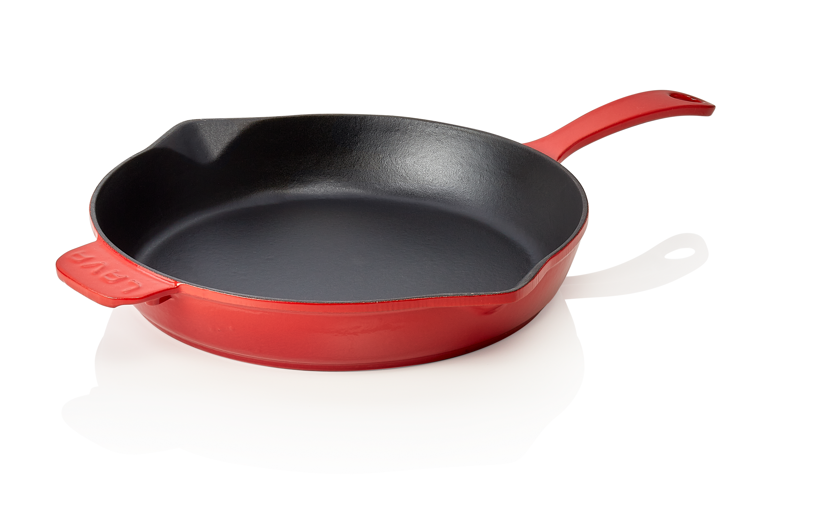 WAS Pfanne Ø oben 28,5 cm Höhe 5,3 cm Stiel 14 cm rot Gusseisen