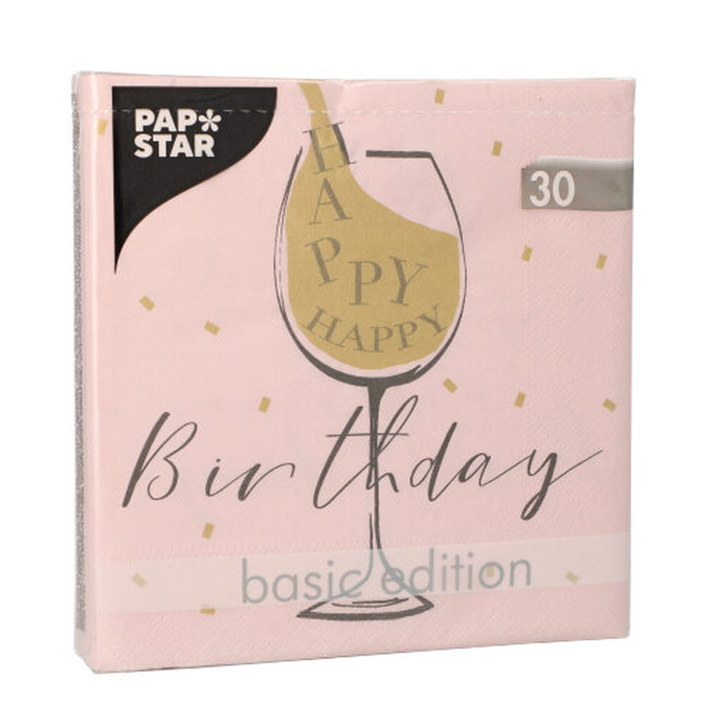 Papstar Servietten, 3-lagig 1/4-Falz 33 cm x 33 cm rosa "Happy Birthday"