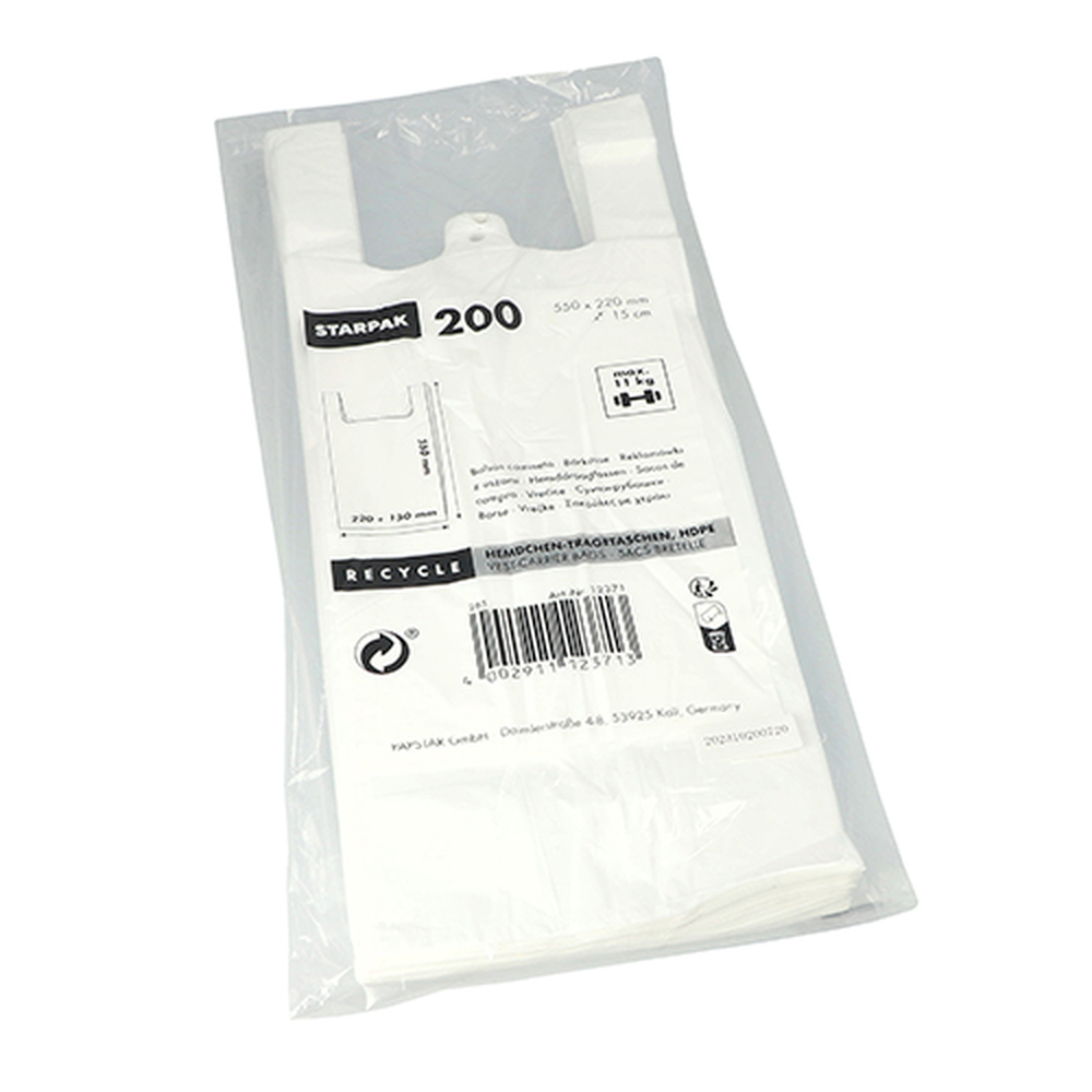 Papstar Hemdchen-Tragetaschen, HDPE 55 cm x 22 cm x 15 cm weiss mittel
